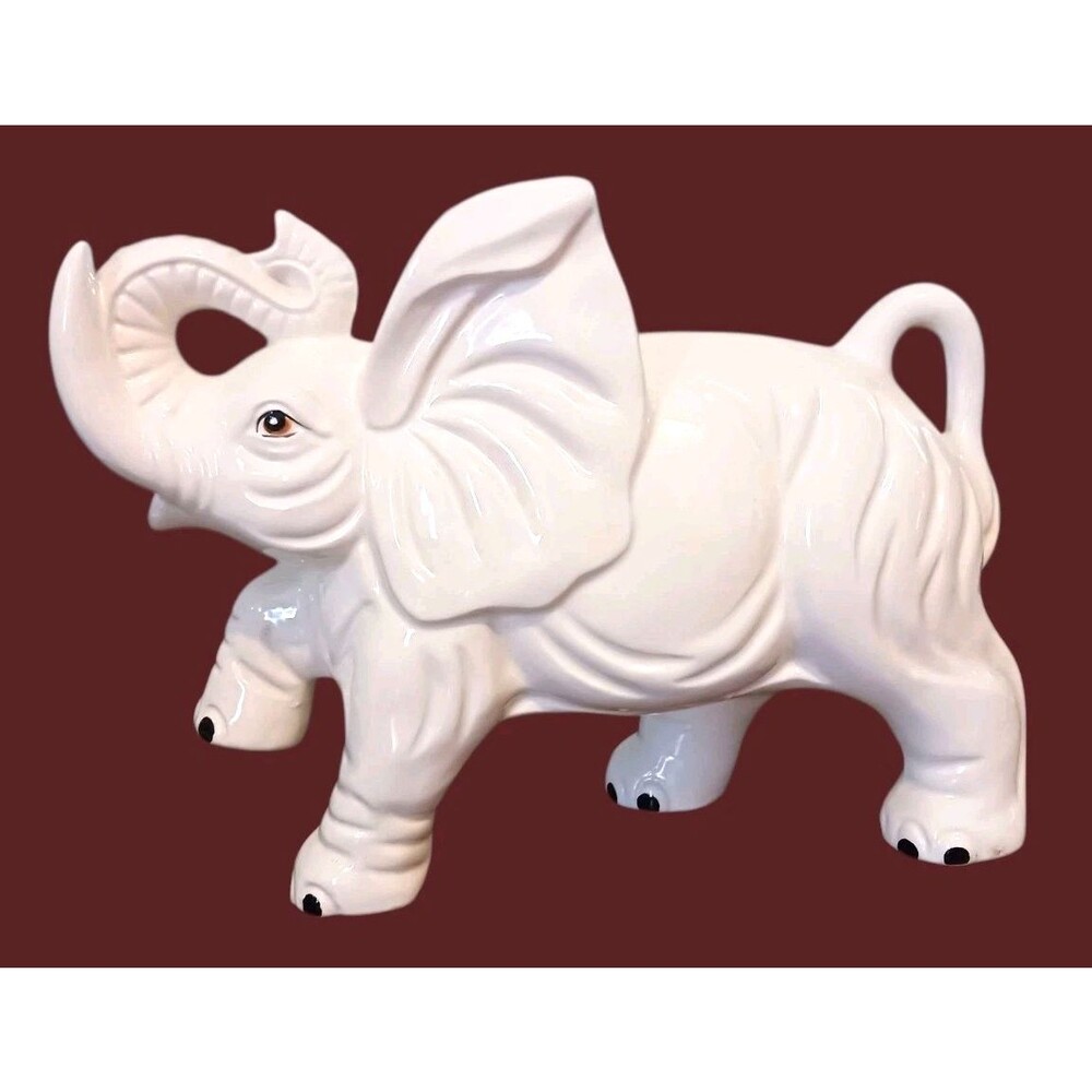 VTG Large Ceramic White Elephant Figurine Trunk Up Good Luck Hand Painted Japan